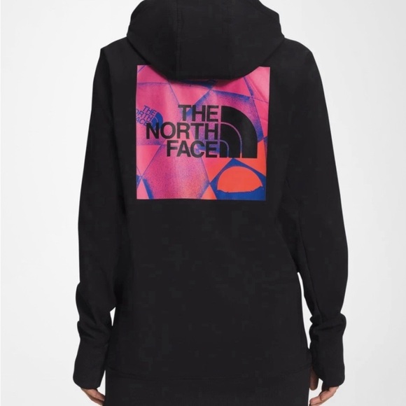 The North Face Women's Black Hoodie with Vibrant Pink and Blue Graphic